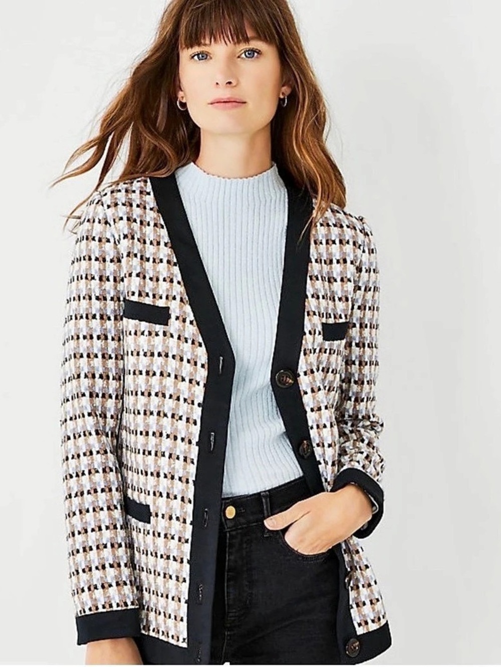 Ann Taylor Houndstooth Tweed Cardigan Jacket Black & White
